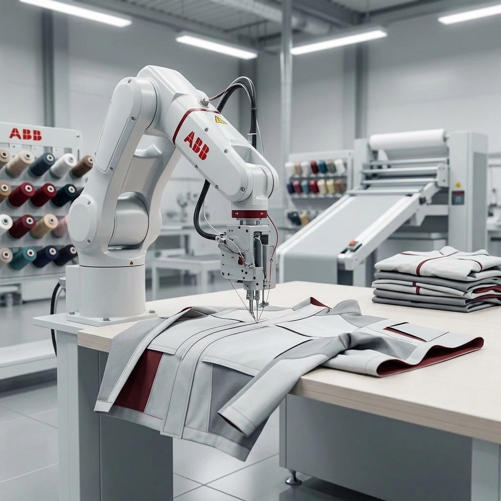 An ABB SCARA robot performing a precise task in a specialized garment manufacturing sewing cell, highlighting technical accuracy and modern industrial automation.