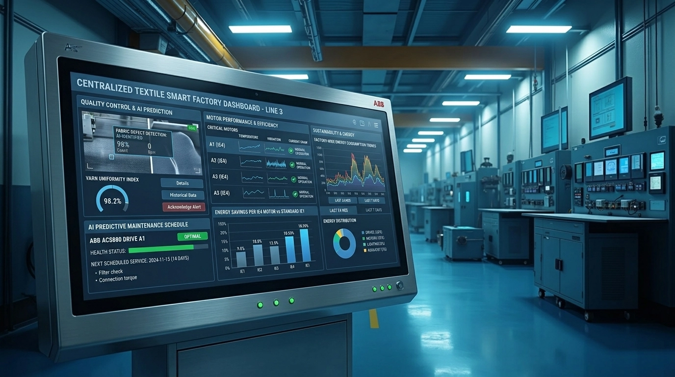 A high-tech industrial dashboard for a smart textile factory showing real-time quality control, AI predictive maintenance, and energy consumption metrics.