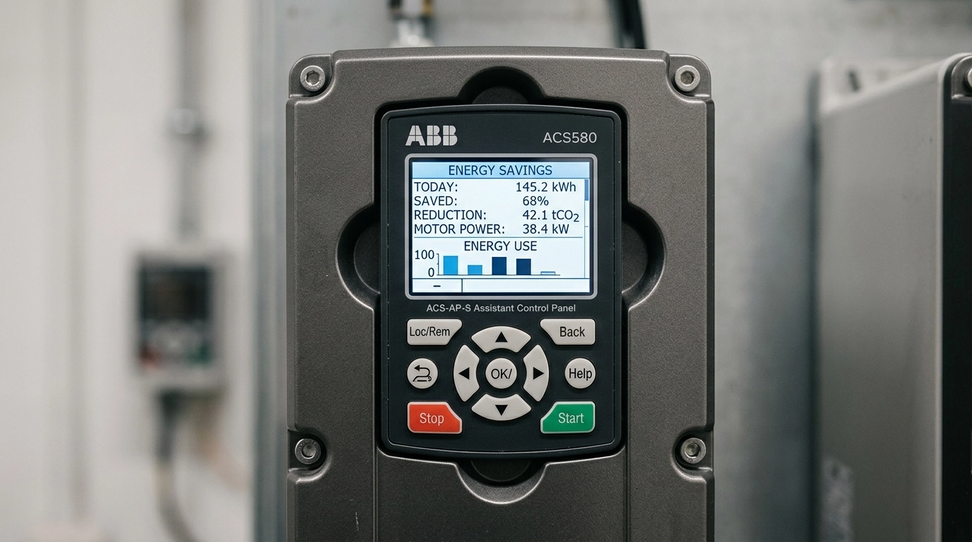 Close-up technical photograph of an ABB ACS580 control panel. The screen is illuminated, showing real-time energy efficiency metrics. The focus is sharp on the buttons and display, with the metallic texture of the drive casing clearly visible. Lighting is soft and diffused to prevent glare on the interface. Neutral, professional color palette.