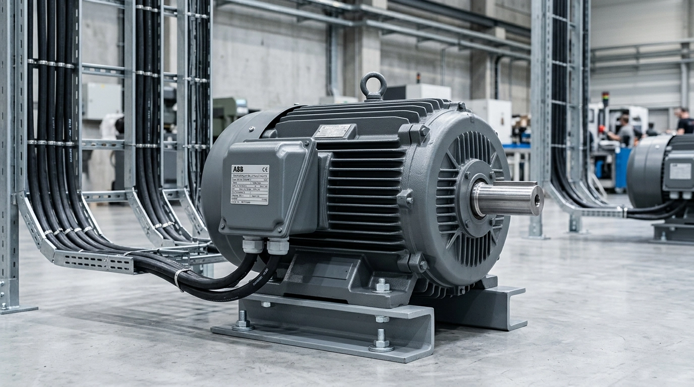 Professional photograph of an ABB SynRM motor on a factory floor. The unit is shown in a clean industrial setting with visible housing details, cooling fins, and shaft assembly. The background features structured cabling and a neutral production environment. The image uses a slight-angle perspective to emphasize technical construction and realistic scale.