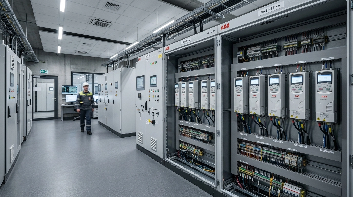 Wide-angle industrial photograph of a dedicated control room with a lineup of custom ABB drive panels manufactured by Digital Controls. The panels are neatly wired with visible labels. An engineer is seen in the background, out of focus, highlighting the scale of the installation. Cool, professional lighting and a desaturated color palette reinforce a technical atmosphere.