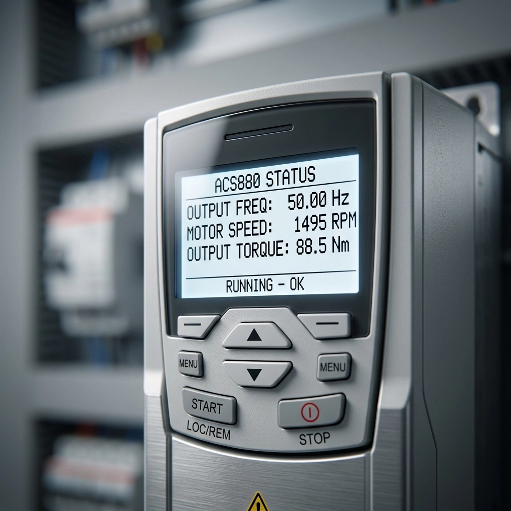 ABB ACS880 variable frequency drive control panel showing digital speed readouts