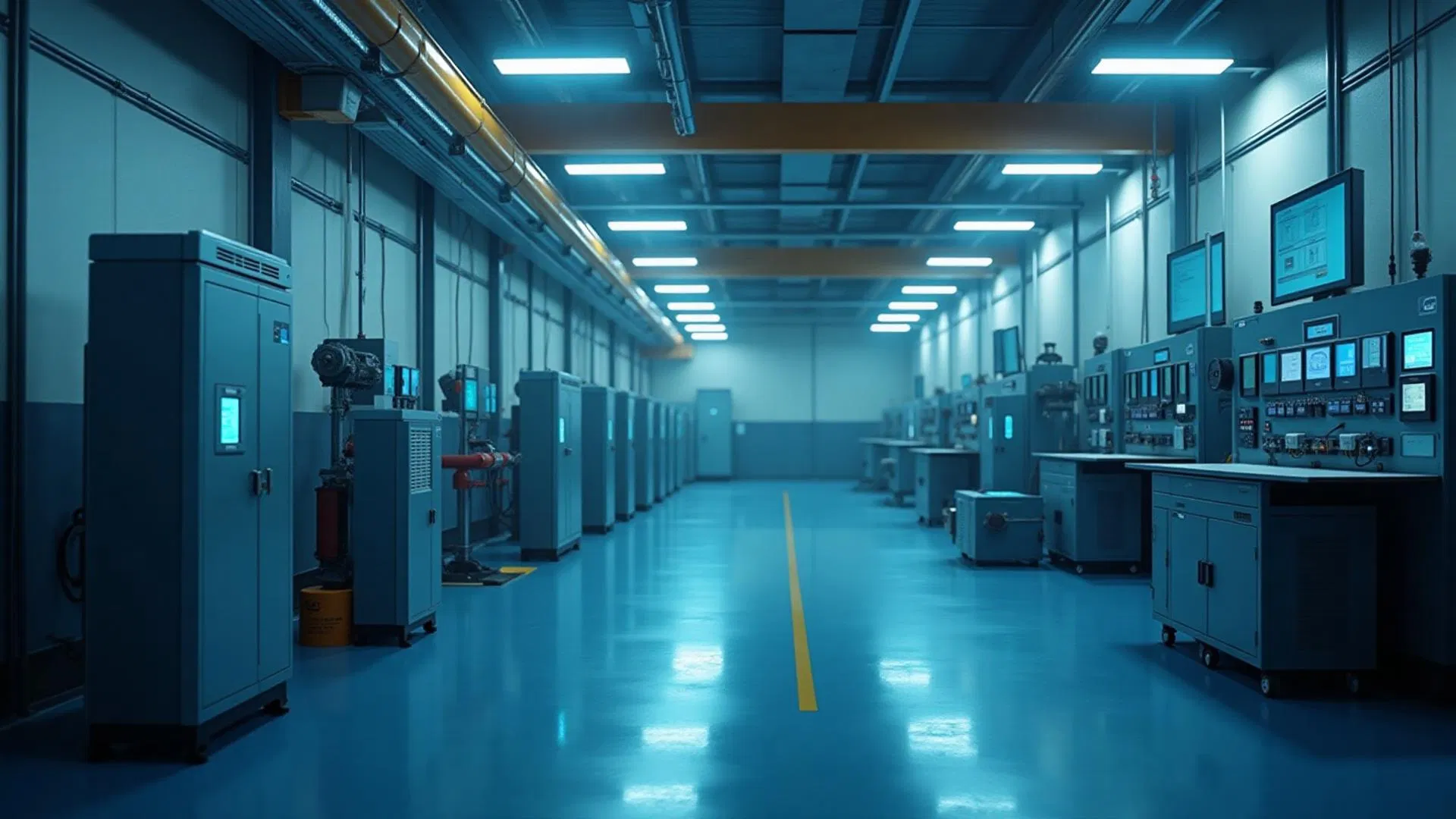 Modern industrial facility featuring ABB drive panels and automated test benches